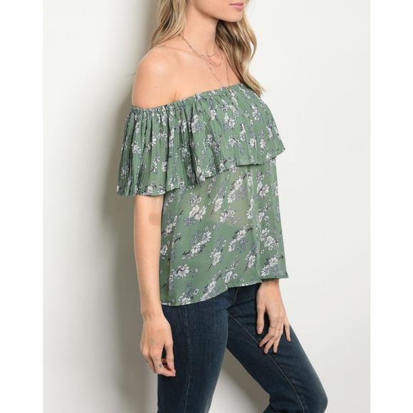 Green Ivory Floral Off Shoulder Top {Alythea} - Picture 3 of 6